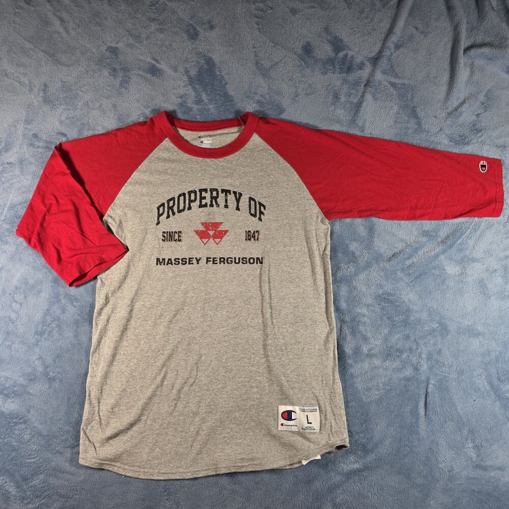 Champion Massey Ferguson Shirt Mens Large Raglan 3/4 Sleeve Tractor Farm Tee